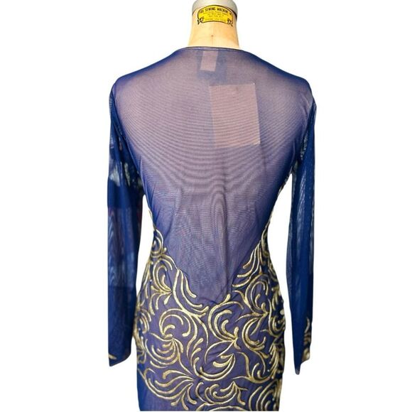 HOLT Maison De Luxe Hand Painting Navy & Gold Mini Embroidered Dress Size L - Picture 6 of 8